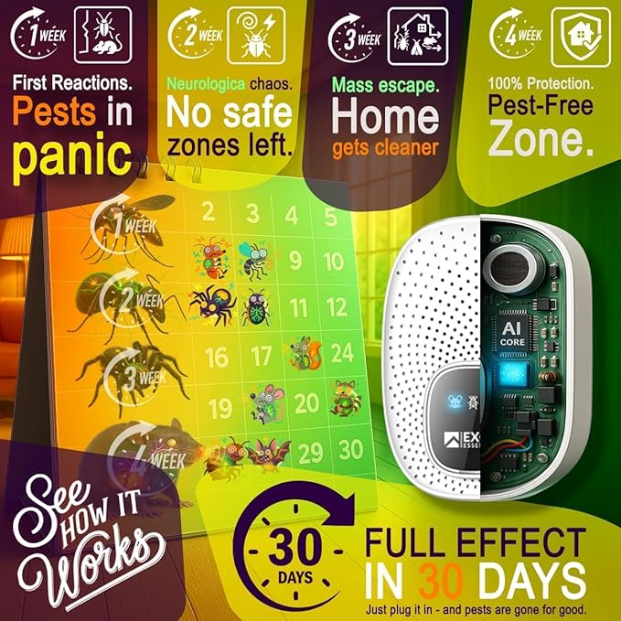 T-Ultrasonic Pest Control 4-Pack: Indoor Plug-in Repeller for Mice, Rodents, Squirrels, Insects, Roach Killer, Ant & Spider Repellent, Bed Bug & Flea Spray and Mouse Traps Alternative