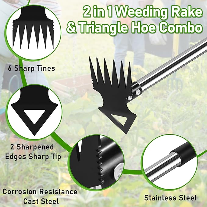 Upgraded Weed Puller Tool with Long Handle, 56" Manual Weeder Remover Tool, 2 in 1 Hand Weed Rake Garden Hoe for Gardening, Heavy Duty Uprooting Weeding Pull for Lawn, Yard, Patio Garden