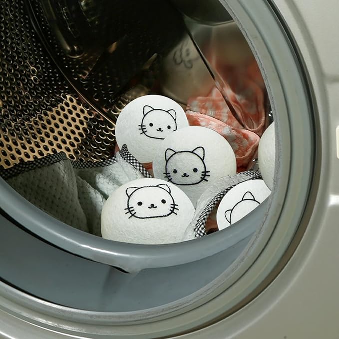 Dryer Balls Laundry Reusable, XL Wool Dryer Balls Cute Cat Face 6 Pack, Fabric Softener Ball, Extra Large Dryer Balls with Cat Pattern, Shorten Drying Time, Organic Wool - Dry 1000+ Loads