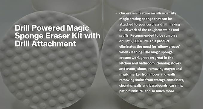 3.5” Drill Powered Magic Sponge Eraser 6 Pieces Kit with Drill Attachment | 25% Thicker Ultra Durable Melamine Cleaning Eraser Pads for Bathroom Kitchen Floors Walls Baseboards Crayon Marker and More