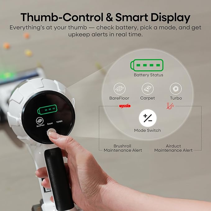 ElecKeys Cordless Vacuum Cleaner, 580W 48KPA 65Mins Vacuum Cleaners for Home, Self-Standing Anti-Tangle Vacuum with LED Display, Rechargeable, Lightweight, Cordless Vacuum for Floors/Pet Hair/Carpets