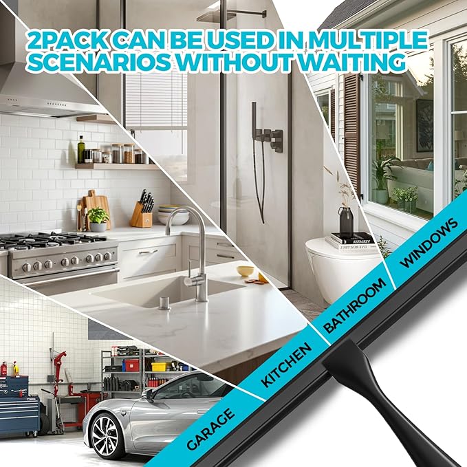2PACK All-Purpose Shower Squeegee for Shower Doors, Tile Shower Walls, Bathroom, Window, Glass and Car Windshield, Mirrors and Kitchen-Stainless Steel, 9.5 Inches, Black