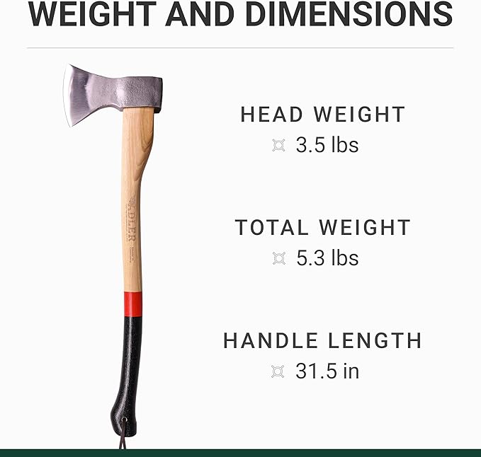Adler Rheinland Axe - Classic German Axe for Felling & Delimbing Small Trees, Leather Sheath, 2.75 lb Head, Anti-Slip 27.5" Hickory Handle, Red Stripe
