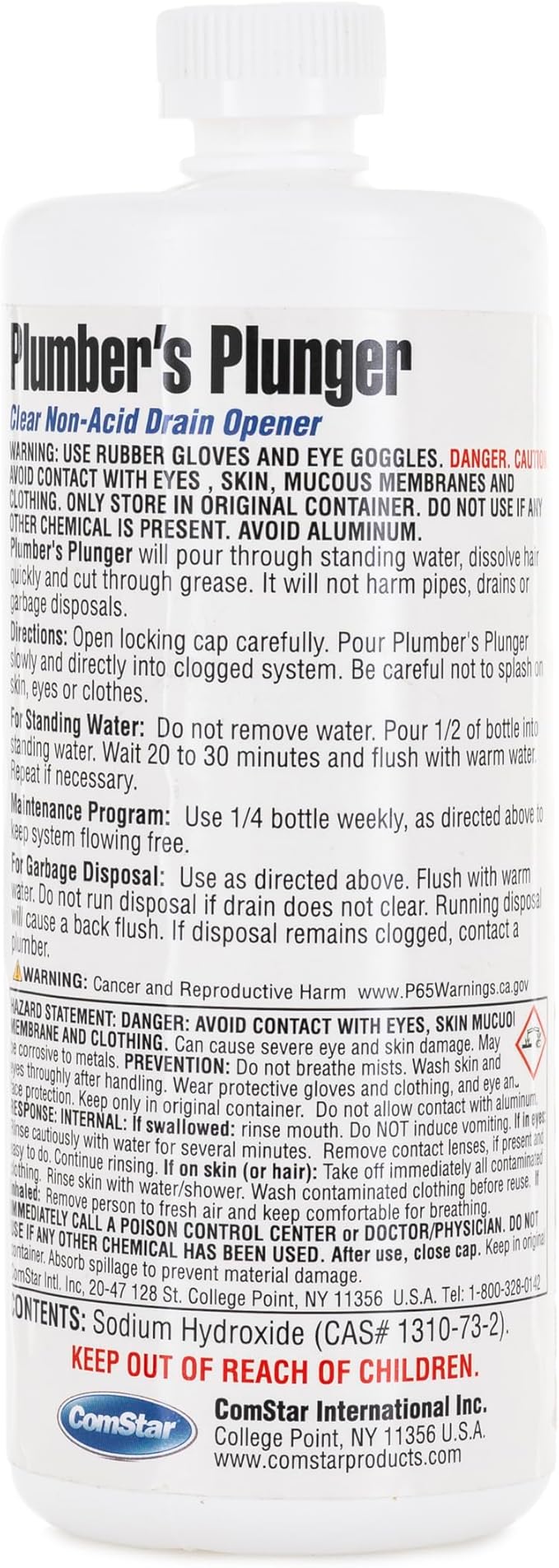 ComStar Plumber’s Plunger, 1 Quart, Liquid Drain Opener, Frees Clogged Drains Fast, Dissolves Hair Grease Soap & Organic Matter, Safe For Pipes, Concentrated Heavy Duty Drain Cleaner, (30-700)