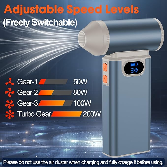 Metal Electric Compressed Air Duster, 300000RPM High Speed Rechargeable Air Blower&Pump for Leaf Blower with Digital Display, 4-Speed Modes-Brushless Motor Mini PC Dust Cleaner with Light(Silver)