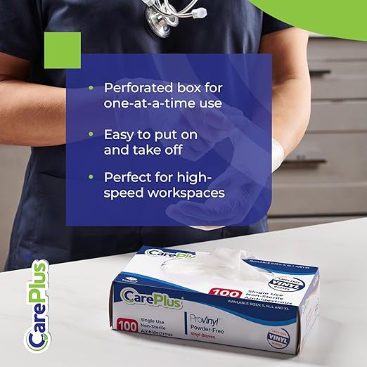 CARE PLUS Pro Vinyl Clear Gloves - Small Size, 100 Count | Latex-Free, Powder-Free, Heavy Duty, Non-Sterile, | Food Prep, Kitchen & Cleaning Gloves, Hair Coloring | Ideal for Professional Use