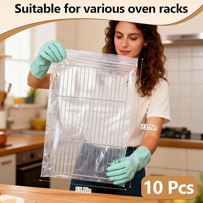 10 Pack Oven Rack Cleaning Bags, Reusable Leak-Proof Heavy Duty PE Bags for No Scrub Deep Soaking, Compatible with Oven Racks Grill Grates BBQ Racks