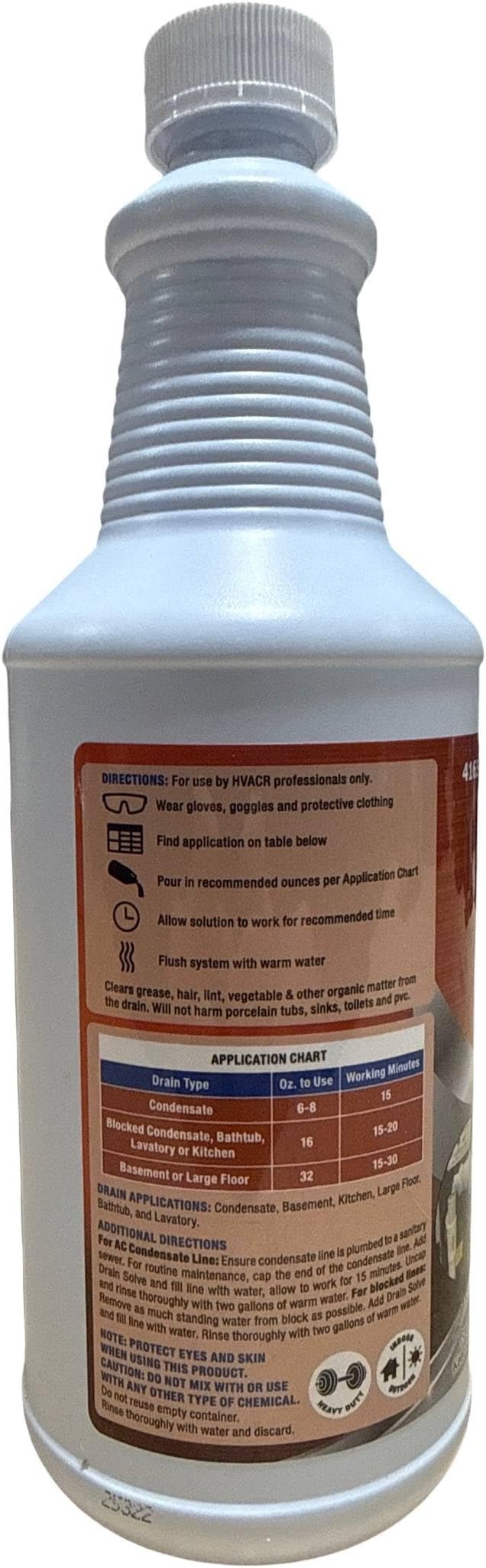Nu-Calgon 4165-24 Drain Solve Alkaline Cleaner – 1 Qt HVAC Condensate Line & Kitchen Plumbing Clog Remover, Non-Fuming Formula, NSF Registered