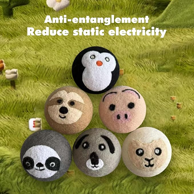 6 PCS Animal Wool Dryer Balls - Reusable Fabric Softener Dispenser Balls, Natural Downy Felt Drying Balls for Laundry (Cute Animal Shapes)