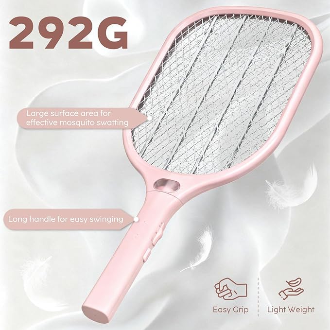 Electric Fly Swatter Racket 3000V Bug Zappers, Mosquito Zappers USB Rechargeable, 1200mAh Mosquitoes Killer Lamp & Fly Zappers with 3 Layer Safety Mesh for Home, Bedroom, Kitchen, Patio (1Pack-Pink)