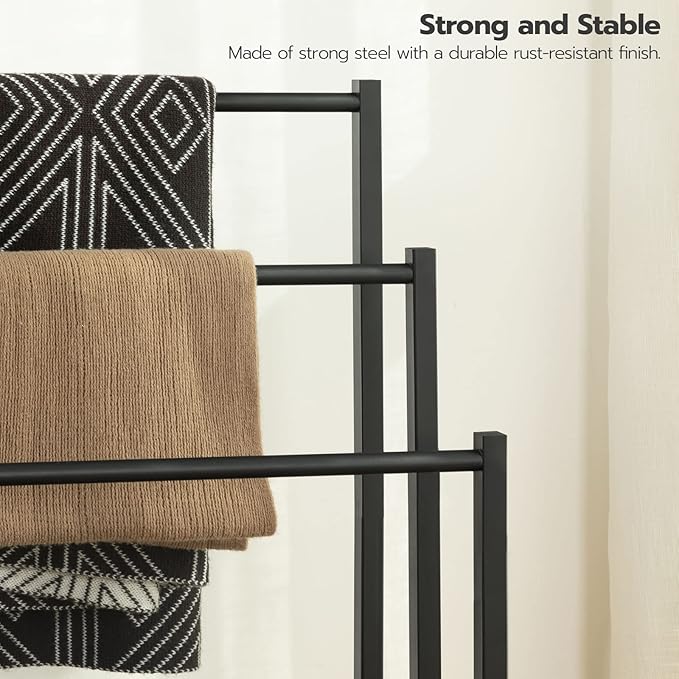 HOOBRO Free Standing Towel Rack, 3 Tier Blanket Rack, Blanket Holder for Bathroom, 16.9" L x 11" W x 31.9" H, Industrial Metal Drying and Display Rack with Shelf, Greige and Black BG03LB01
