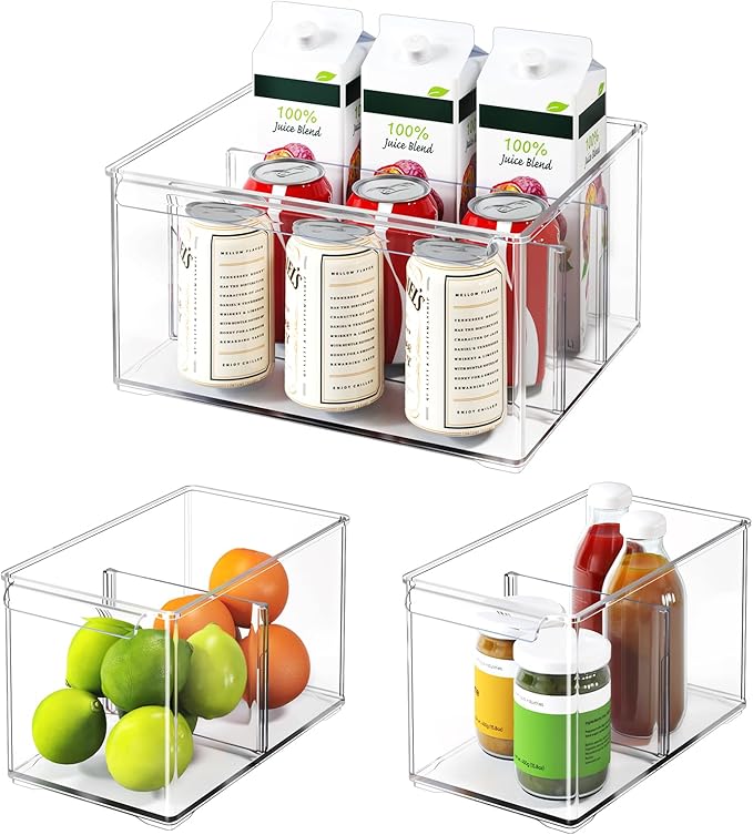 Clear Plastic Storage Bins with Dividers for Kitchen Pantry Organization, 3 Pack Large Thicken Stackable Storage Drawer Boxes for Refrigerator Cabinets Vanity Organizers and Storage, C6-2