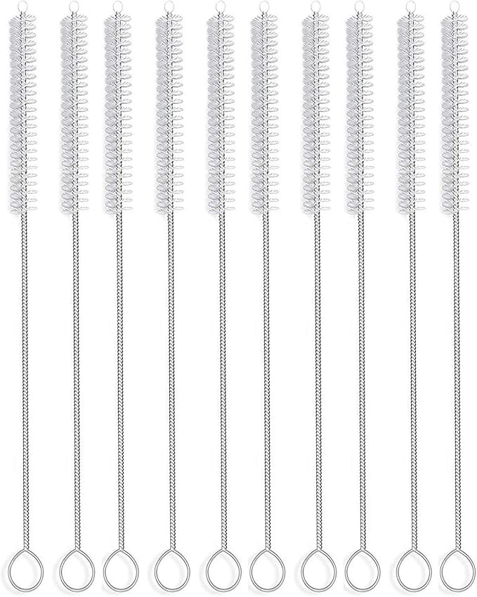 Long Straw Brush Cleaner (10 Pack), Flexible Nylon Tube Cleaning Brushes with 0.4" Bristles, Rust-Proof Stainless Steel Wire Washer for Reusable Tumblers, Sports Bottles & Pipes (10 Inch)