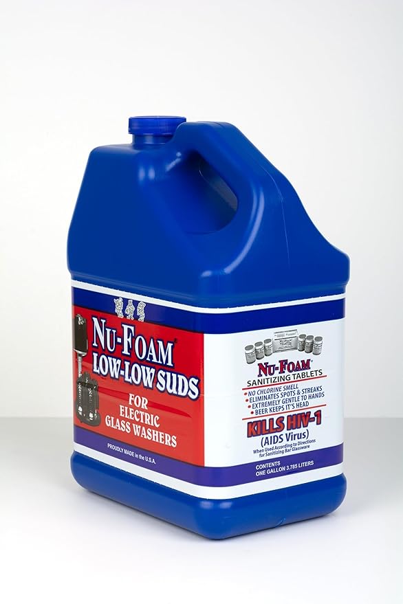 Nu-Foam Low Low Suds Liquid Detergent for Bar Glassware - Original Streak-Free Solution - Hand Washing Bar, Tavern, Brewery Supplies - Concentrated - 1 Gallon (Pack of 2) (1 Gallon (Pack of 2))