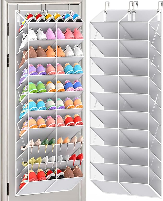 UVIAHOMI 20-30 Pairs Over the Door Shoe Organizer, Clear Pockets Hanging Shoe Storage for Closet, 10-Tier Door Shoes Rack, Handing Shoes Holder Fit All the Family's Sneakers, Boots, Heels, Light Grey