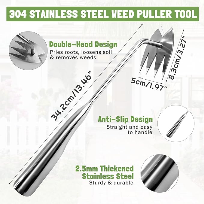 Weed Puller Tool, 4 Teeth Stainless Steel Manual Weeder, Portable Weed Remover Pulling Tool for Cracks Vegetables Garden Backyard Farm Planting & Weeding