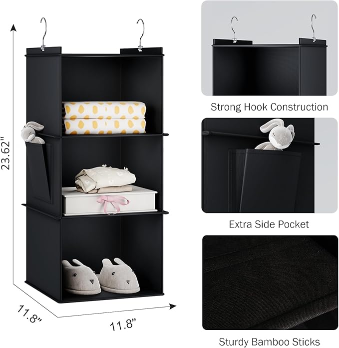 YOUDENOVA Hanging Closet Organizer, 3-Shelf Closet Hanging Storage Shelves, Black