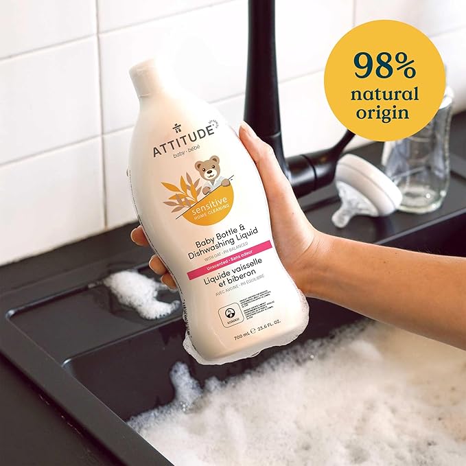 ATTITUDE Baby Bottle & Dish Soap with Oat Extract, EWG Verified Bottle Cleaner For Sensitive Skin, Fragrance Free & Dye Free, Removes Milk Residue & Grease, Vegan, Unscented, 23.7 Fl Oz
