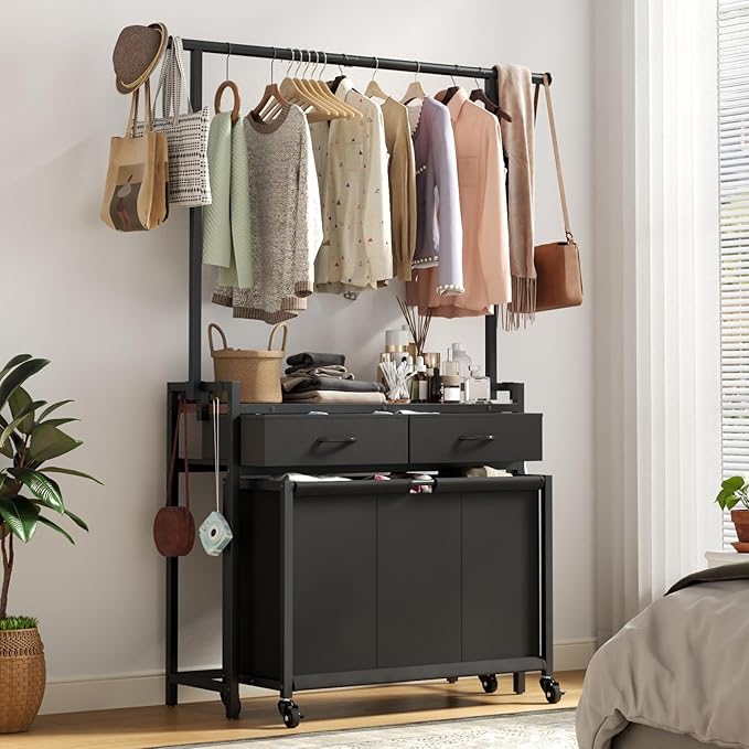 STIKELY Laundry Sorter Hamper with Hanging Cloth Rack, Laundry Basket with 3 Section Pull-Out Rolling Bags, Laundry Sorter for Organization and Storage with 2 Drawers for Laundry Room (Vinatge Brown)