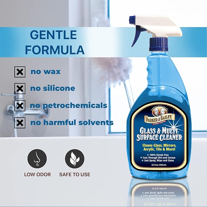Parker & Bailey Glass & Multi-Surface Cleaner - Glass Cleaner Spray Multi Surface Cleaner Cleaning Spray Mirror Cleaner Tile Cleaner Bathroom Cleaner Multipurpose Cleaning Supplies, 32 Oz