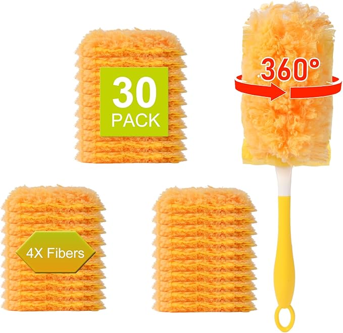 30 Count Larger Size Duster Refills for Swiffer Dusters with 1 Handle - 360° Multisurface Larger Size Feather Duster, Disposable Duster Refills Kit for Cleaning Furniture, Blinds and Ceiling Fans