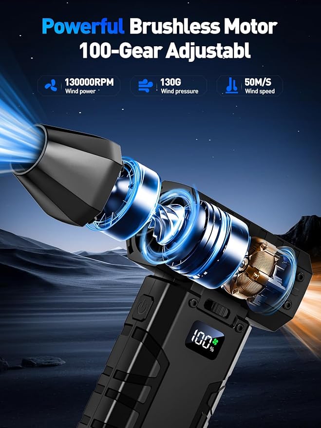 Compressed Air Duster 130000RPM Electric Duster with LED Light, 100 Gear Adjustable Rechargeable Cordless Air Blower Cleaning Tool for Keyboard