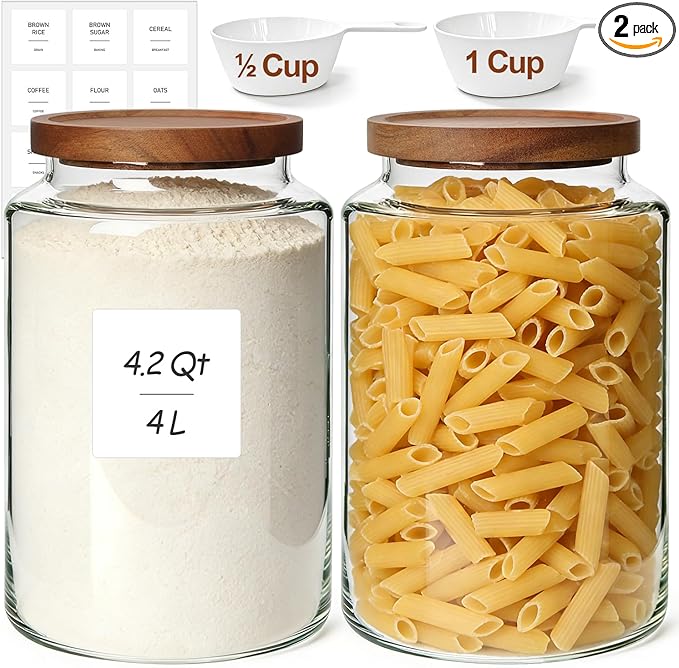 ComSaf 2Pcs (4.2Qt) Wide-Mouth Flour Sugar Storage Containers - Include Scoops & Labels, Easy to Scoop & Airtight, Large Glass Jar for Bakers to Store Bulk Flour, Rice, and Dry Goods in Kitchen Pantry