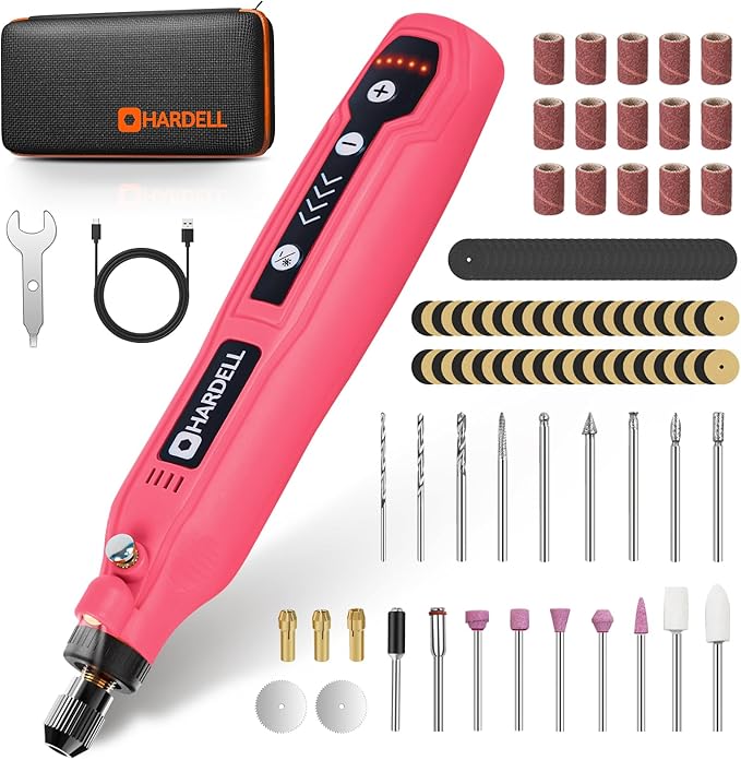 HARDELL Mini Cordless Rotary Tool, 5-Speed 3.7V Rechargeable Rotary Tool Kit with 69 Accessories, USB Charging Multi-Purpose DIY Tool for Sanding, Polishing, Drilling, Engraving(Pink 69pcs)