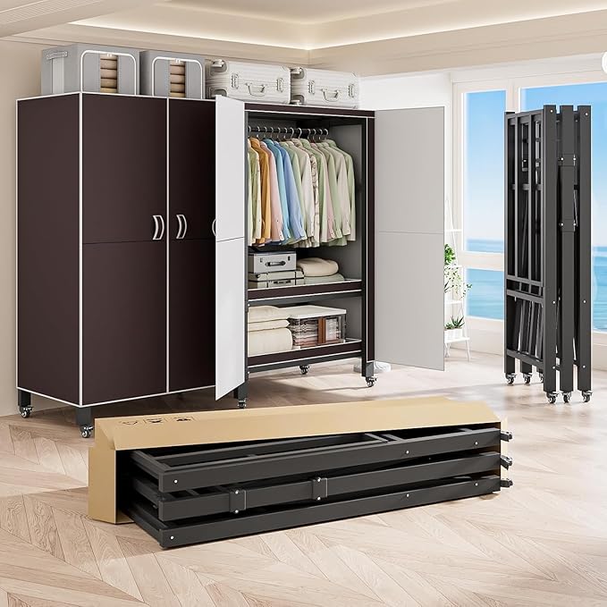 Heavy Duty Covered Clothes Rack with Magnetic Door Foldable Portable Wardrobe Closet for Hanging Clothing Rolling Black Metal Garment Rack on Wheels Closet System (Brown, 58.9in)