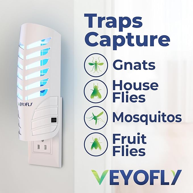 VEYOFLY Fruit Fly Traps for Indoors, Fly Trap Indoor, (4 Device + 12 Refills) Fly Catcher Indoor, Gnat Traps for House Indoor, Fly Trap, Plug in Light Flying Insect Trap, Bug Killer