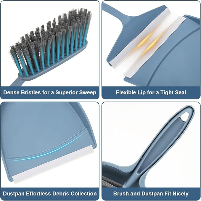 Small Hand Broom with Dustpan Combo Set,Mini Dust Pan and Brush Set with a Scraper Squeegee for Quick Cleanups,3-Piece Wall Mountable Cleaning Tools for Particles,Little Messes,Hair,Crumb