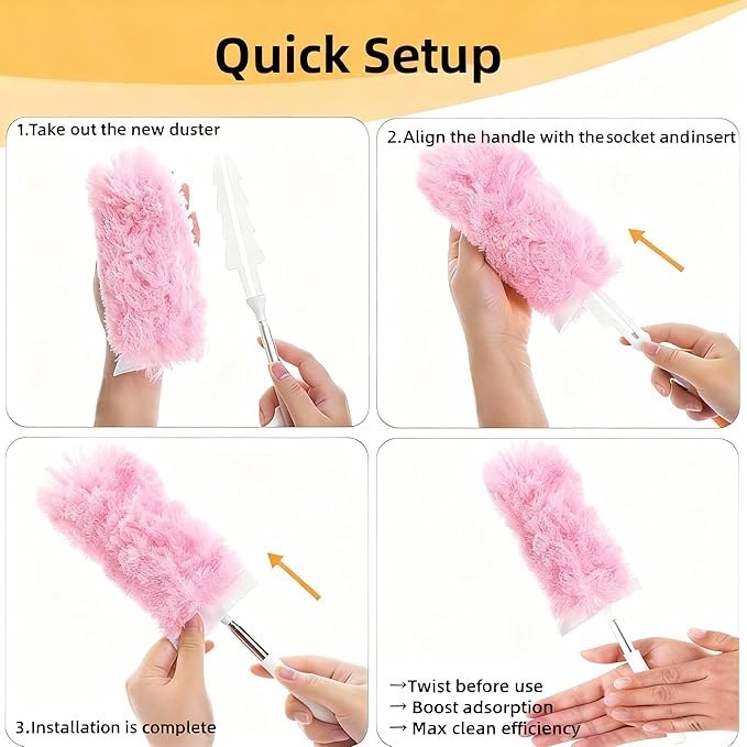 Heavy Duty Duster Refills, Disposable Dusters Kit for Cleaning Dusting Furniture Blind Ceiling Fan, Multi Surface 360 Feather Duster(10)+3FT Extended Handle（1） (Pink)