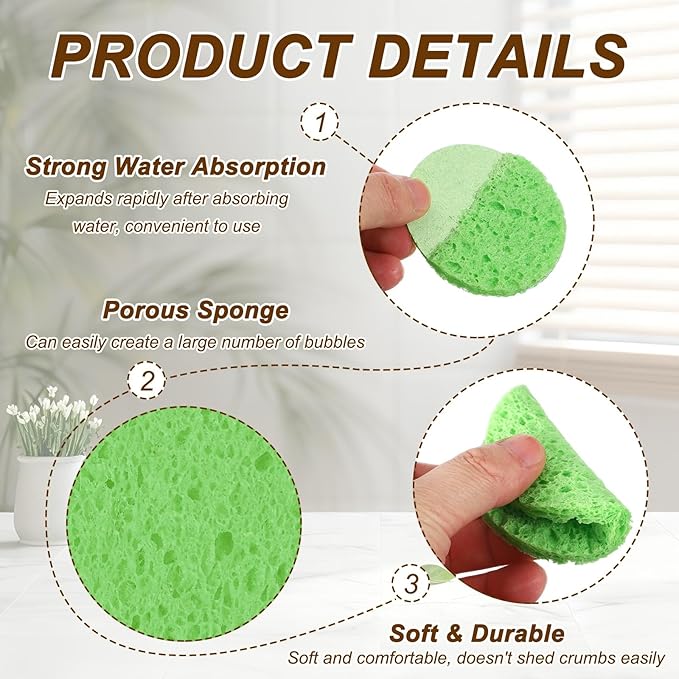uxcell 10Pcs Cellulose Sponges, Round Kitchen Clean Sponges Non-Scratch Compressed Dish Scrubber for Kitchen Household Cookware Bathroom Cleaning & DIY, Green