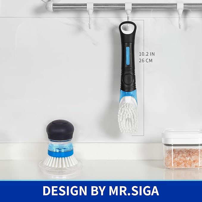 MR.SIGA Soap Dispensing Dish Brush, Kitchen Brush for Pot Pan Sink Cleaning, Black, Pack of 2