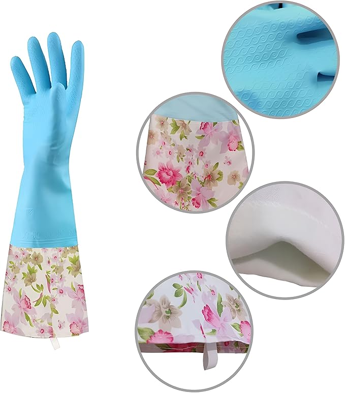 KINGFINGER Rubber Latex-Free Dishwashing Gloves for Household Cleaning, Waterproof, 2-Pair Large with Long Cuff & Flock Lining