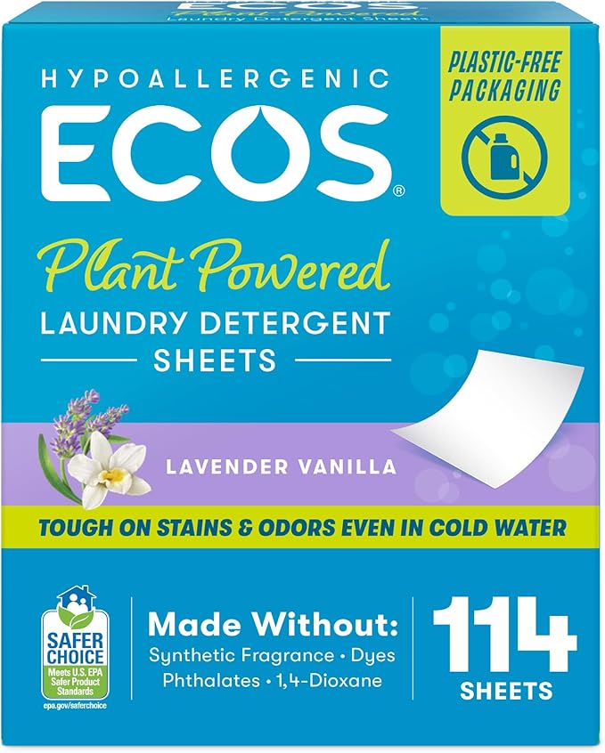 ECOS Laundry Detergent Sheets Vegan, No Plastic Jug, No Mess, Liquid Free - Hypoallergenic, Plant Powered Laundry Detergent Sheet - Lavender Vanilla - 114 Count (Pack of 1)