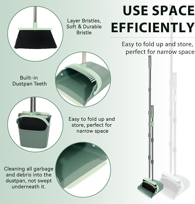 YZO Broom and Dustpan Set, 54.33 Inch Long Handle Standing Design, Dustpan Front Rubber Tight Seal, Broom with 5 Layer Bristles, Suitable for Living Room, Bedroom, Yard, Office and Apartment(Green)