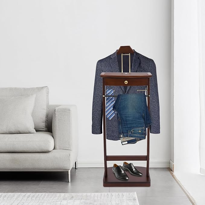 Valet Stand for Man and Women, Wood Suit Rack Suit Valet Stand with Top Tray, Storage Drawer, Bottom Shoe Rack, Freestanding Clothes Rack for Living Room, Bedroom, Office, Black (Walnut Color)