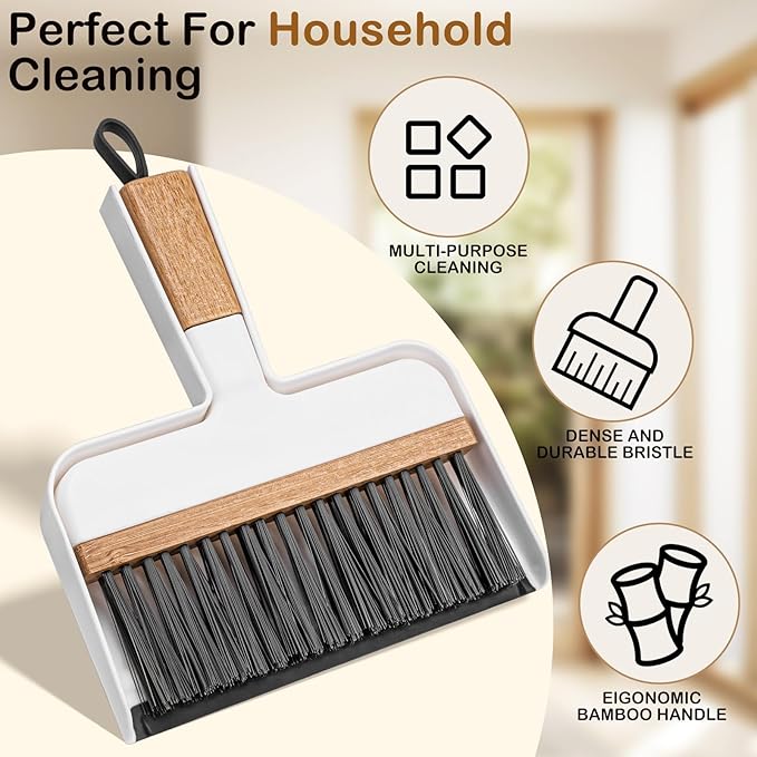 THINKLEARN Mini Dustpan and Brush Set, Portable Broom and Dustpan Combo Set with Bamboo Handle and Soft Rubber Lip, Compact Cleaning Tool for Kids, Car, Desk, Pet, Camping