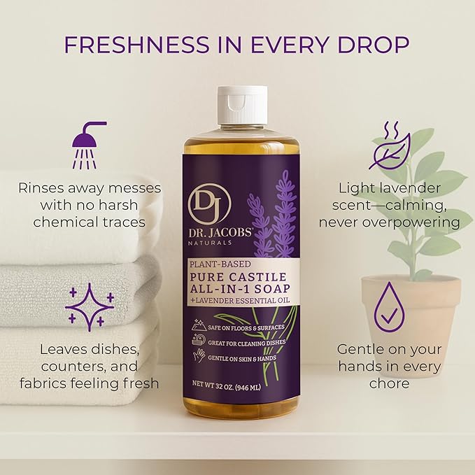 Dr. Jacobs Naturals Lavender Castile All-in-One Cleaner and Soap - Plant-Based Formula for House Cleaning Floors and Appliances - Gentle on Skin and the Planet - 32 oz, 1 Pack