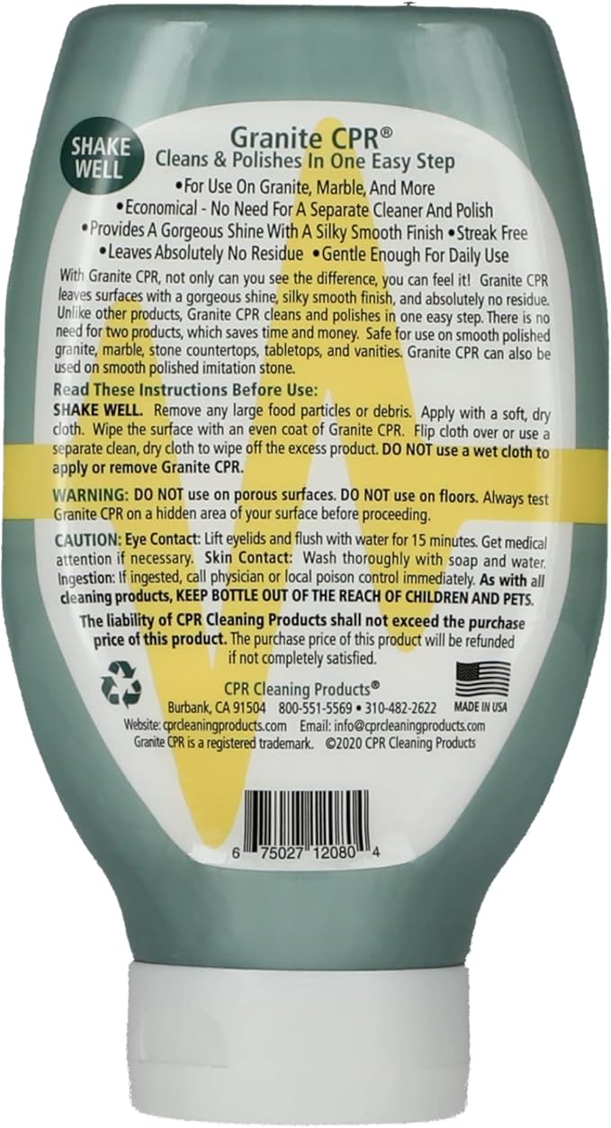 Granite CPR Cleaner & Polish Can Be Used Daily On Granite, Marble, Quartz & Corian. Leaves A Gorgeous Streak-Free Shine & Silky Smooth Finish. Cleans & Polishes All Stone Countertops In One Easy Step.