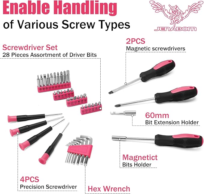 Pink 151PCS Tool Kit with 3.6V USB Electric Screwdriver, Cordless Drill Set, Home Tool Set for Women