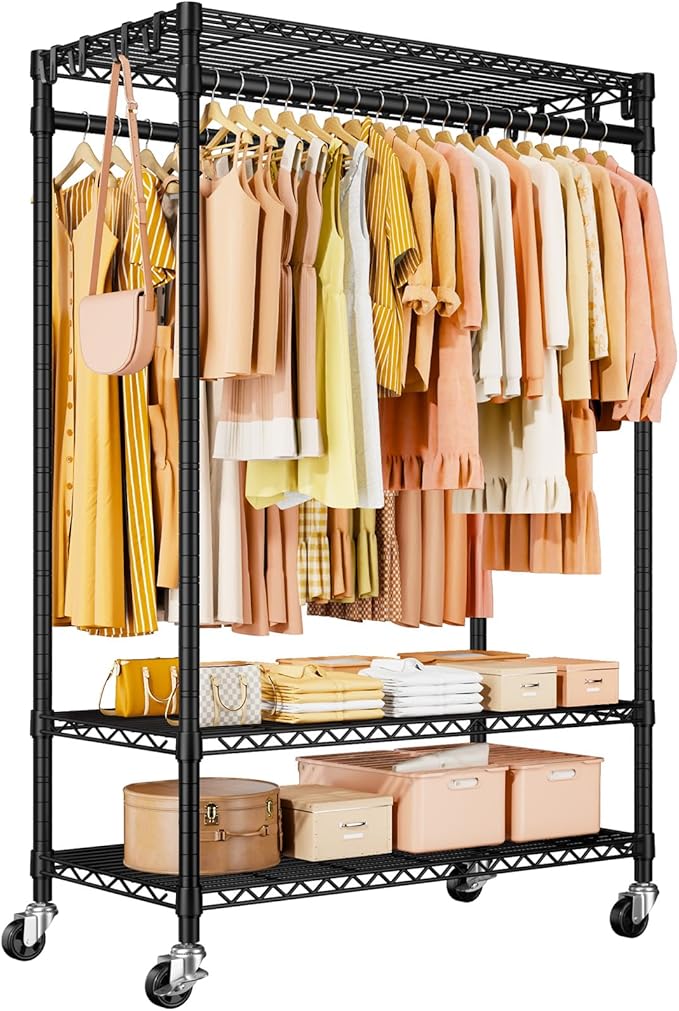 ULIFHOME P7 Rolling Clothes Rack, Clothing Racks for Hanging Clothes, Heavy Duty Garment Rack with Wheels, 3 Tiers Freestanding Portable Closet Rack 45''W × 20.5''D × 80.5''H, Max Load 480 lbs, Black