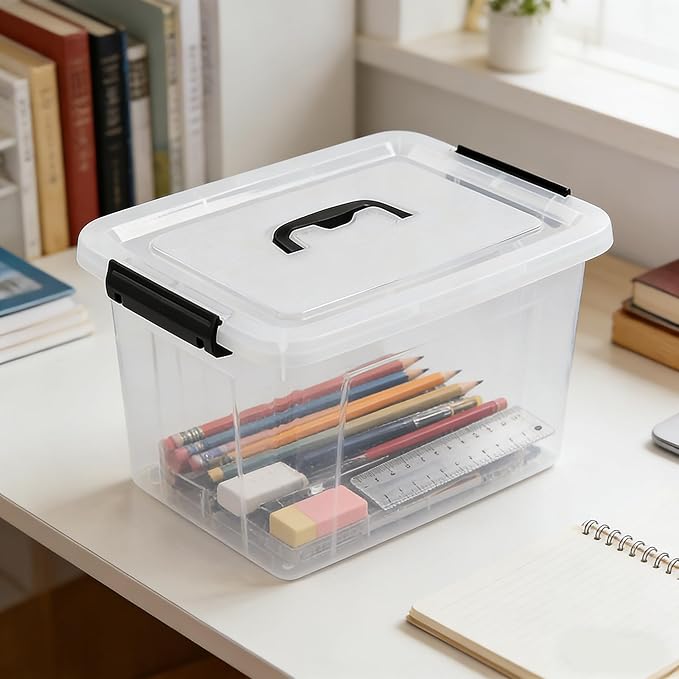 Plastic Storage Bins with Lids, 6 Pack Storage Organizer, 10 L Stackable Storage Bins with Buckle-Up Latches and Handle, Storage Totes for Home Office Pantry Organization, Clear
