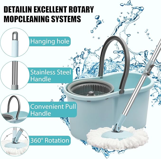 Spin Mop and Bucket with Wringer Set, 360° Spinning Mop Bucket System with 3 Microfiber Mop Replacement Heads, Adjustable Handle for Floor Cleaning (Light Blue)