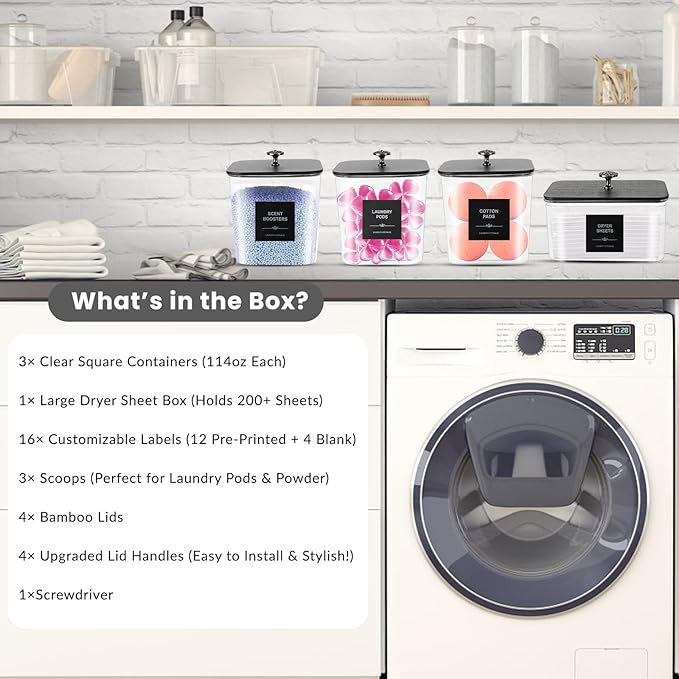 4 Pack Laundry Pods Container & Dryer Sheet Holder - Clear Plastic Laundry Room Organization Storage Containers with Black Lids, Scoops & Labels for Detergent Pods, Powder, Scent Boosters, Beads