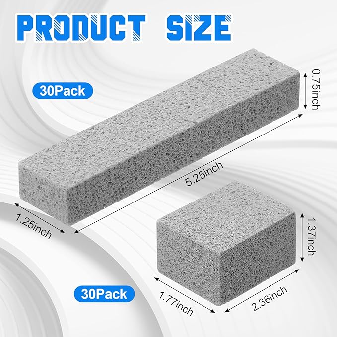 LemonRoad 60 Pack Pumice Stone for Toilet Cleaning Bowl 2 Sizes Scouring Pumice Pad Stick Hard Water Stain Remover Powerfully Clean for Toilet Bathtub Swimming Pool House Grill Sinks Clean Supplies