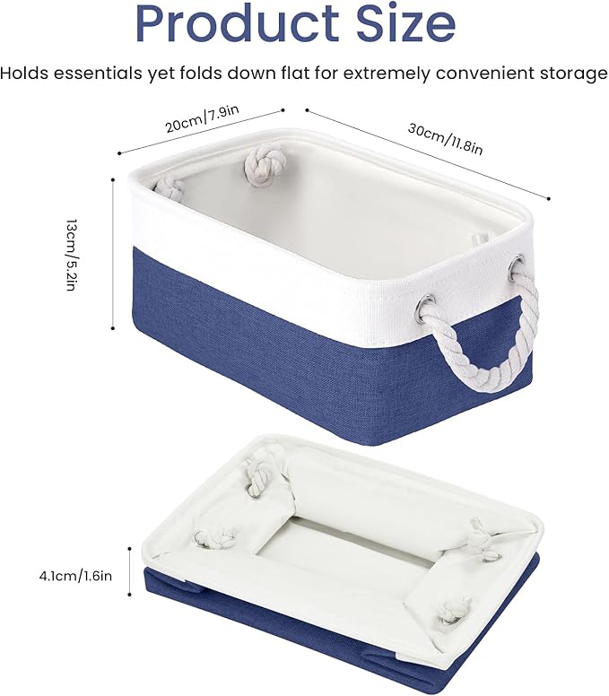 Storage Baskets for Shelves 11.8x7.9x5.2 Inch-Foldable Fabric Organizing Storage Bins with Handles, Closet & Bathroom Organizer, Home Storage for Kitchen, Office (6-Pack, White&Blue)