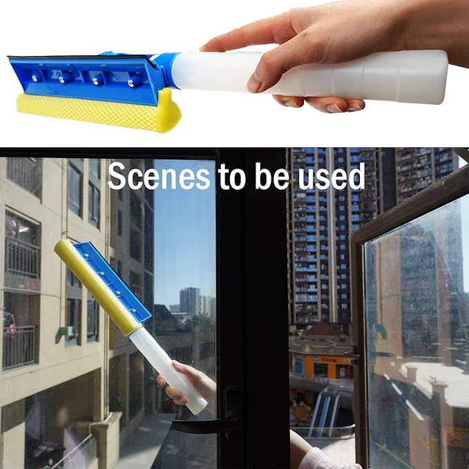 Car Window Cleaner Squeegee with Sponge and Rubber Blade Cleaning Tool Wiper with Spray Bottle 3 in 1 Multipurpose | for Indoor and Outdoor, Home, Car Window, Glass (2 Pack)