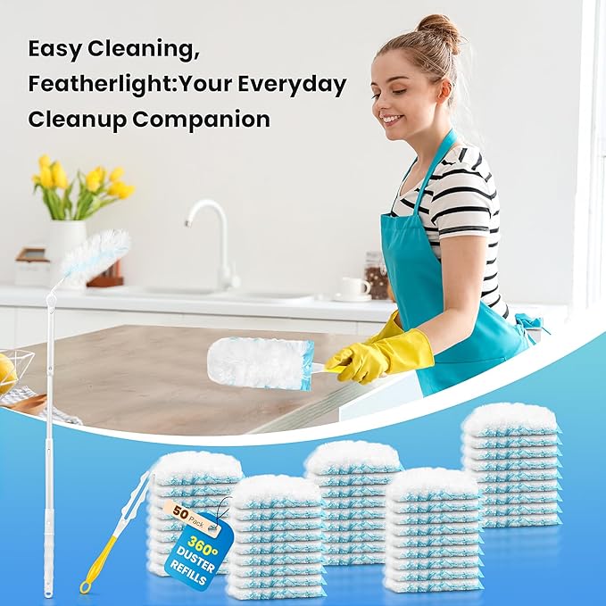 Duster Kit for Swiffer® Duster Refill: 50 Heavy Duty Refills + 2 Handles | 3X Grip & Static Tech | Car, Furniture & Electronics Dry Cleaning